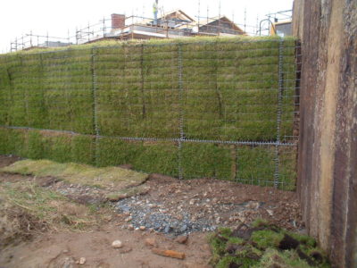 A membrane can be applied to the Gabion to allow for vegetation fronts.